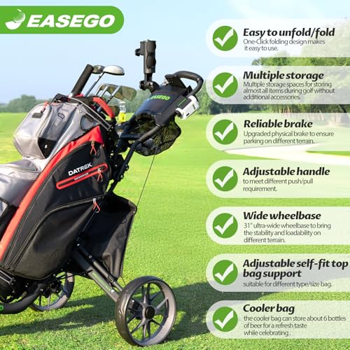 EASEGO Golf Push Cart 3 Wheel : Golf Bag Cart Foldable with Phone Holder/Cup/Umbrella Holder Compact Golf Pull Carts Quick Fold Golf Caddy Push Carts with Large Wheelbase for Different Terrain - Image 4